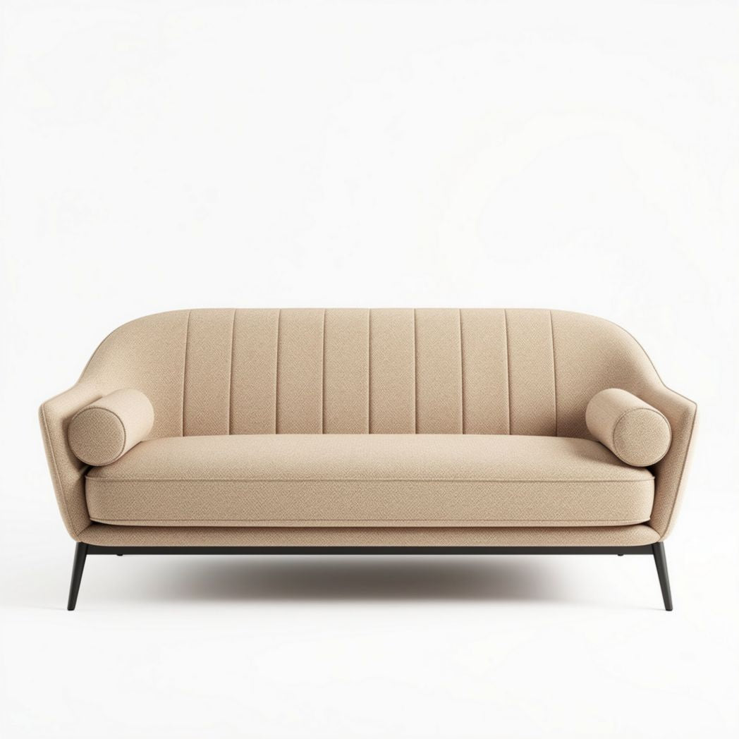 Canapé en textile beige avec accoudoirs ronds dimensions 180 x 80 x 85cm