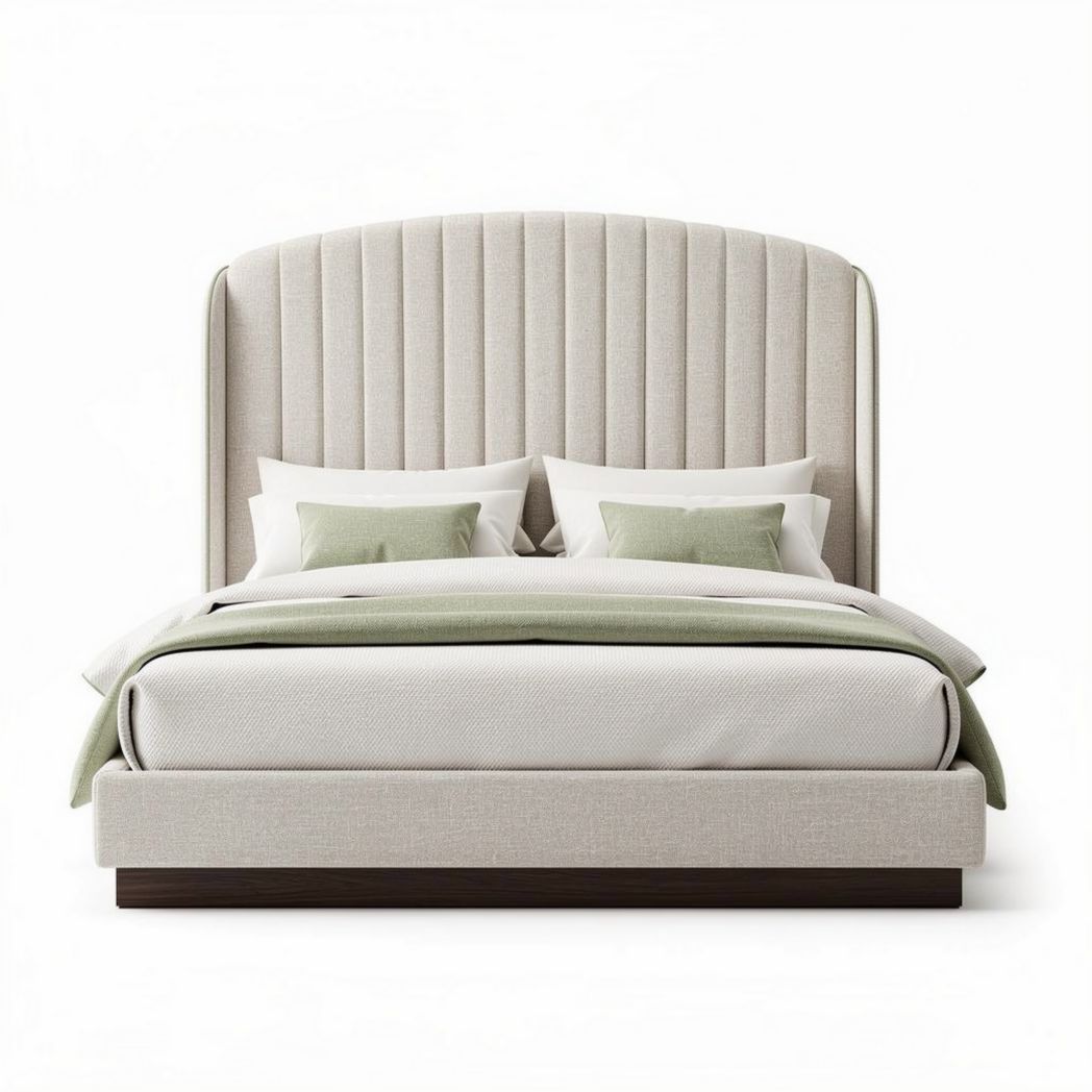 Lit moderne en tissu beige avec tête de lit capitonnée 200 x 160 x 120cm