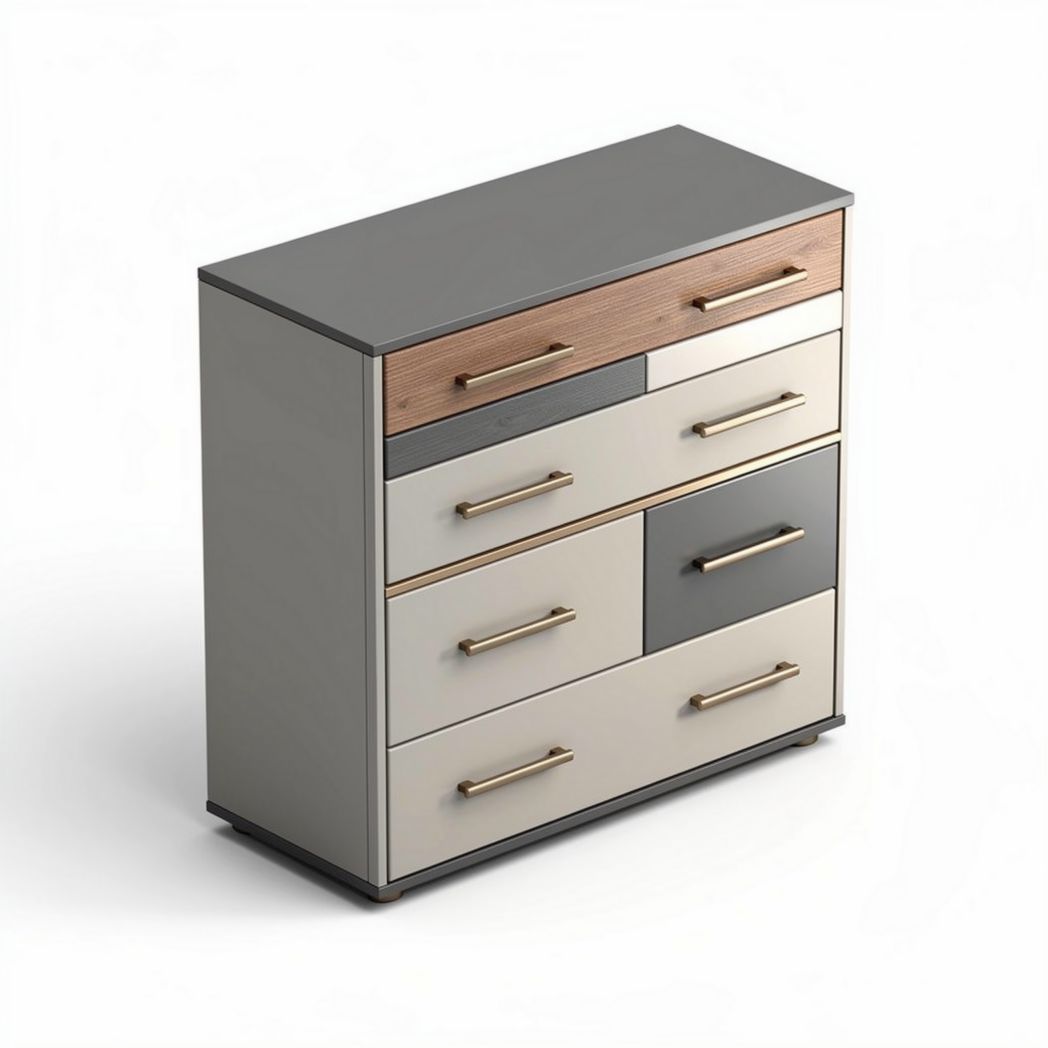 Commode 5 tiroirs en mélaminé avec finitions argent et bois naturel 80 x 40 x 90cm