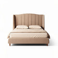 Lit en tissu beige avec tête de lit rembourrée dimensions 200 x 160 x 120cm