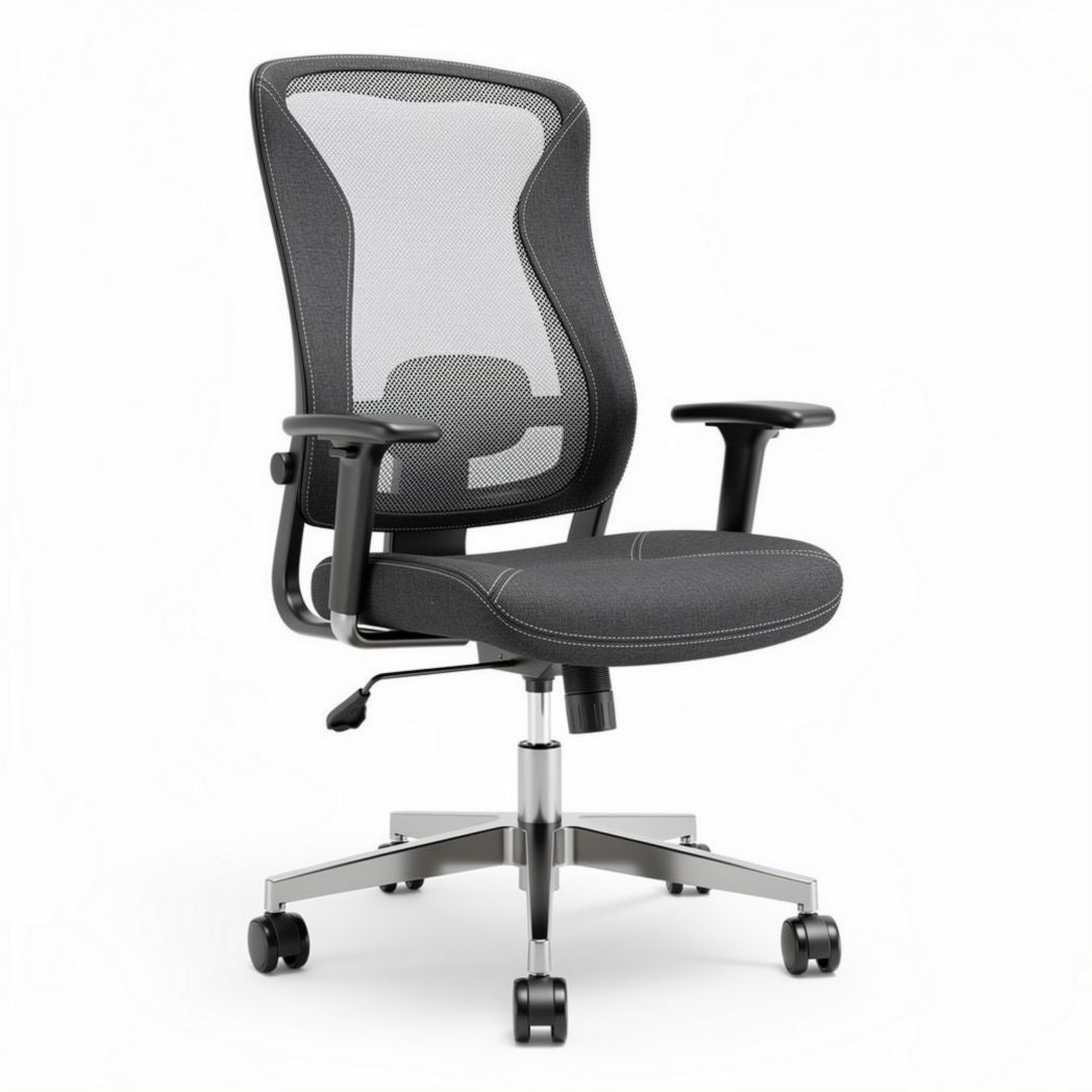 Chaise de bureau ergonomique en tissu maille grise avec accoudoirs réglables