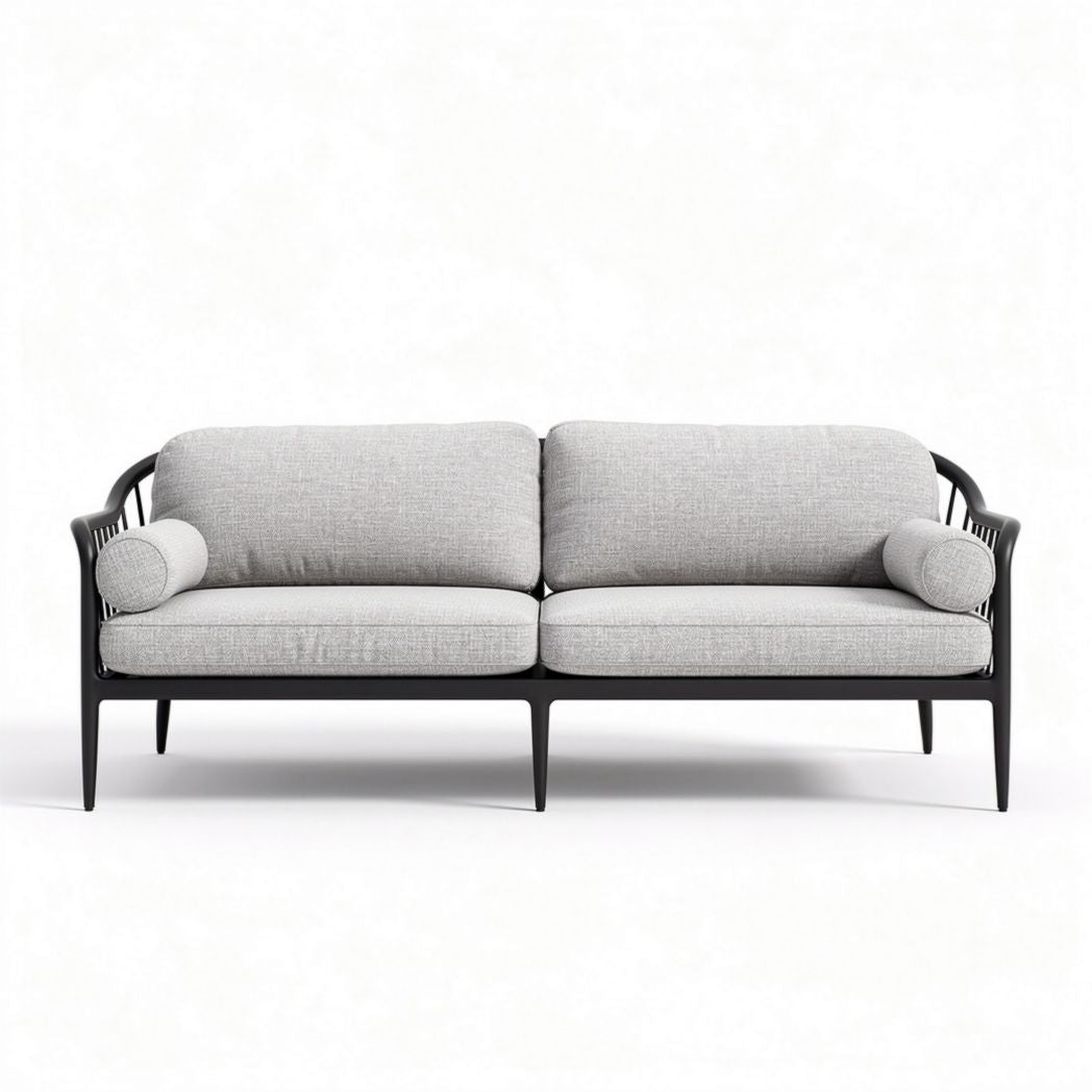 Canapé en tissu gris avec structure en bois noir 180 x 90 x 70cm