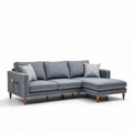 Canapé d'angle en tissu gris avec coussins décoratifs dimensions 200 x 90 x 85cm