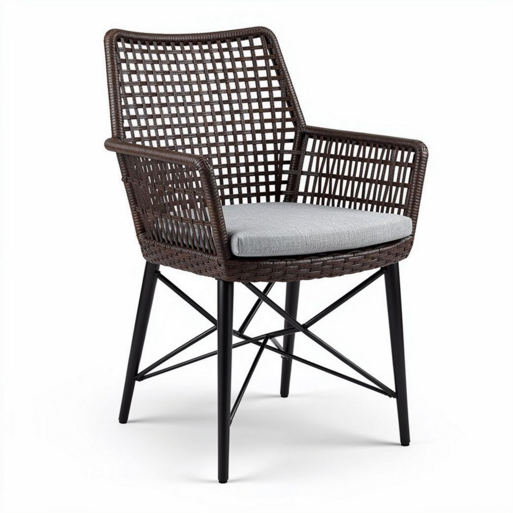 Chaise en rotin synthétique marron avec coussin en tissu gris 65 x 60 x 85cm