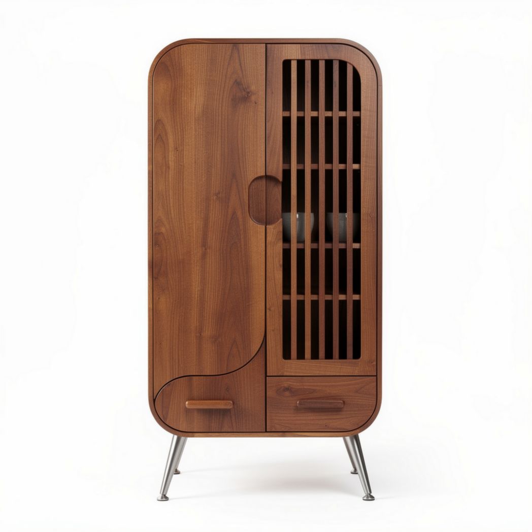 Armoire en bois de noyer avec portes à lamelles et pieds en métal 80 x 40 x 150cm